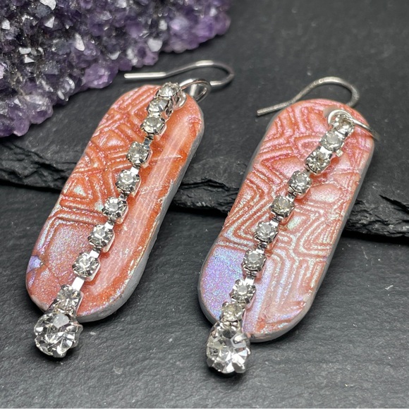 Hand Made Embossed Orange And Pink Dangle Earrings - Picture 4 of 11